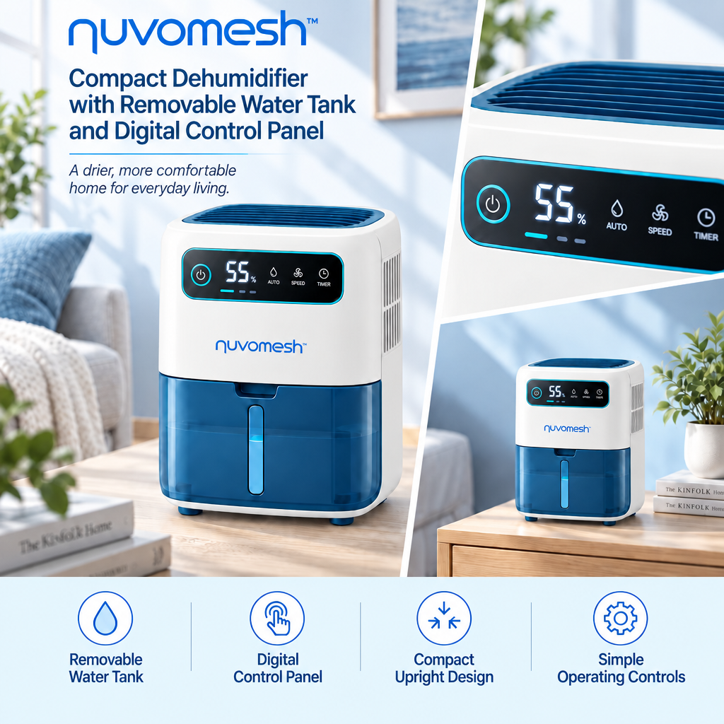 nuvomesh™ Compact Dehumidifier with Removable Water Tank and Digital Control Panel