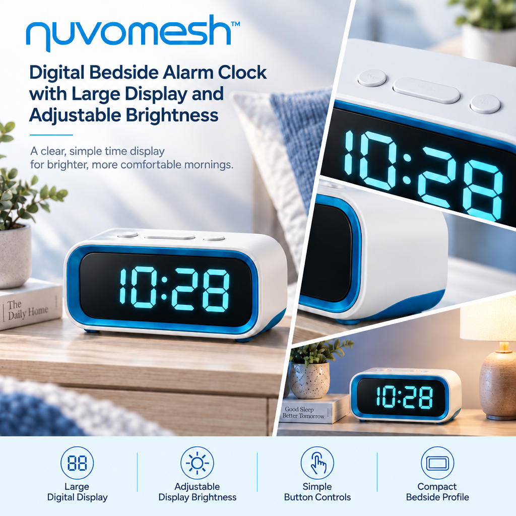 nuvomesh™ Digital Bedside Alarm Clock with Large Display and Adjustable Brightness