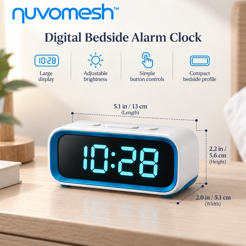nuvomesh™ Digital Bedside Alarm Clock with Large Display and Adjustable Brightness