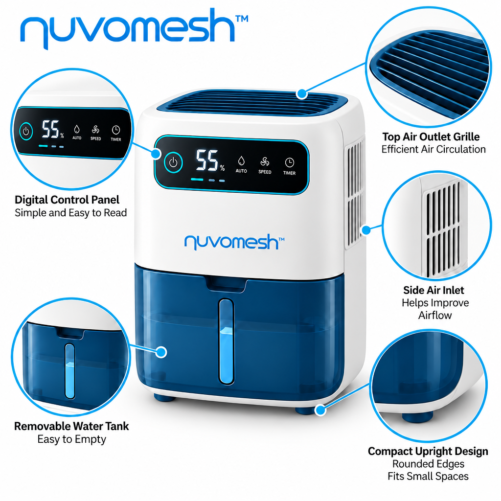 nuvomesh™ Compact Dehumidifier with Removable Water Tank and Digital Control Panel