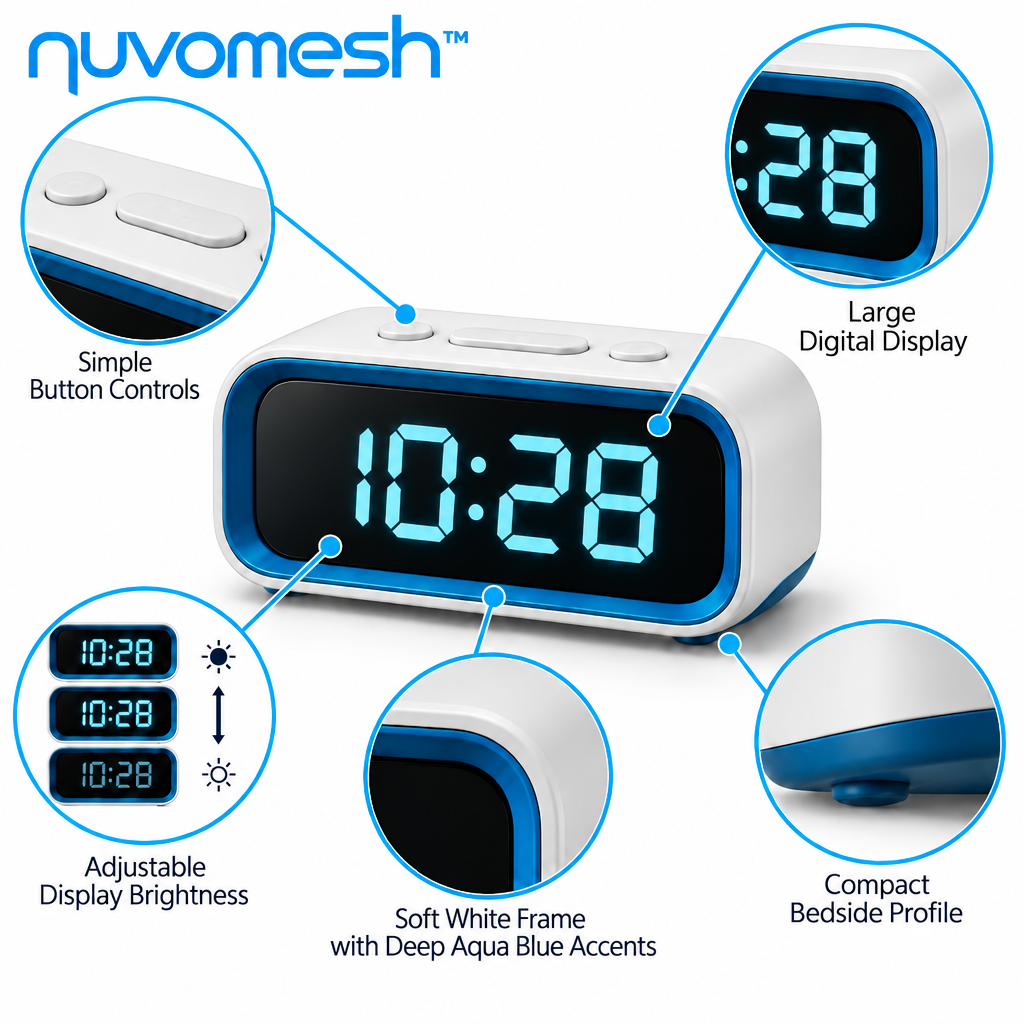 nuvomesh™ Digital Bedside Alarm Clock with Large Display and Adjustable Brightness