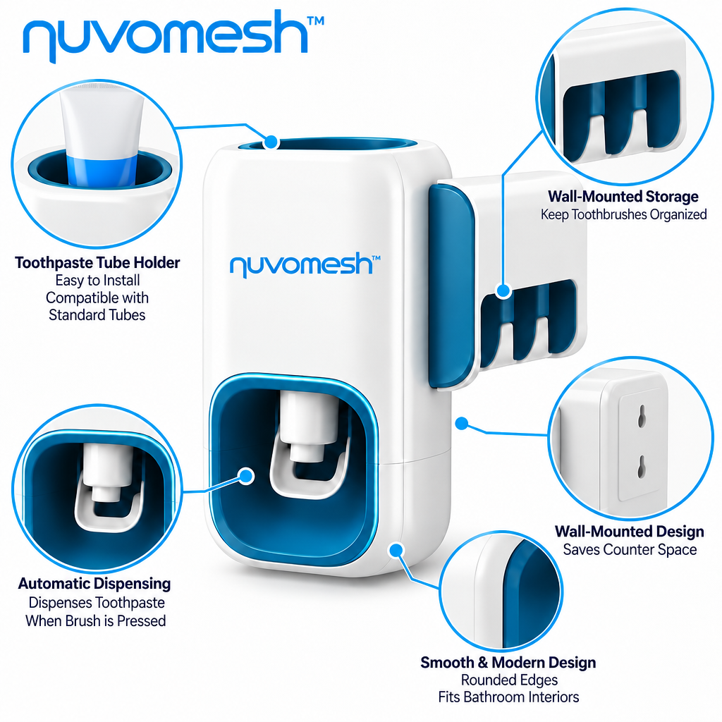 nuvomesh™ Automatic Toothpaste Dispenser with Wall-Mounted Storage Design
